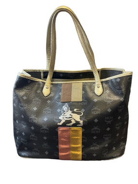 MCM Visetos Black Canvas Tote with Princess Lion